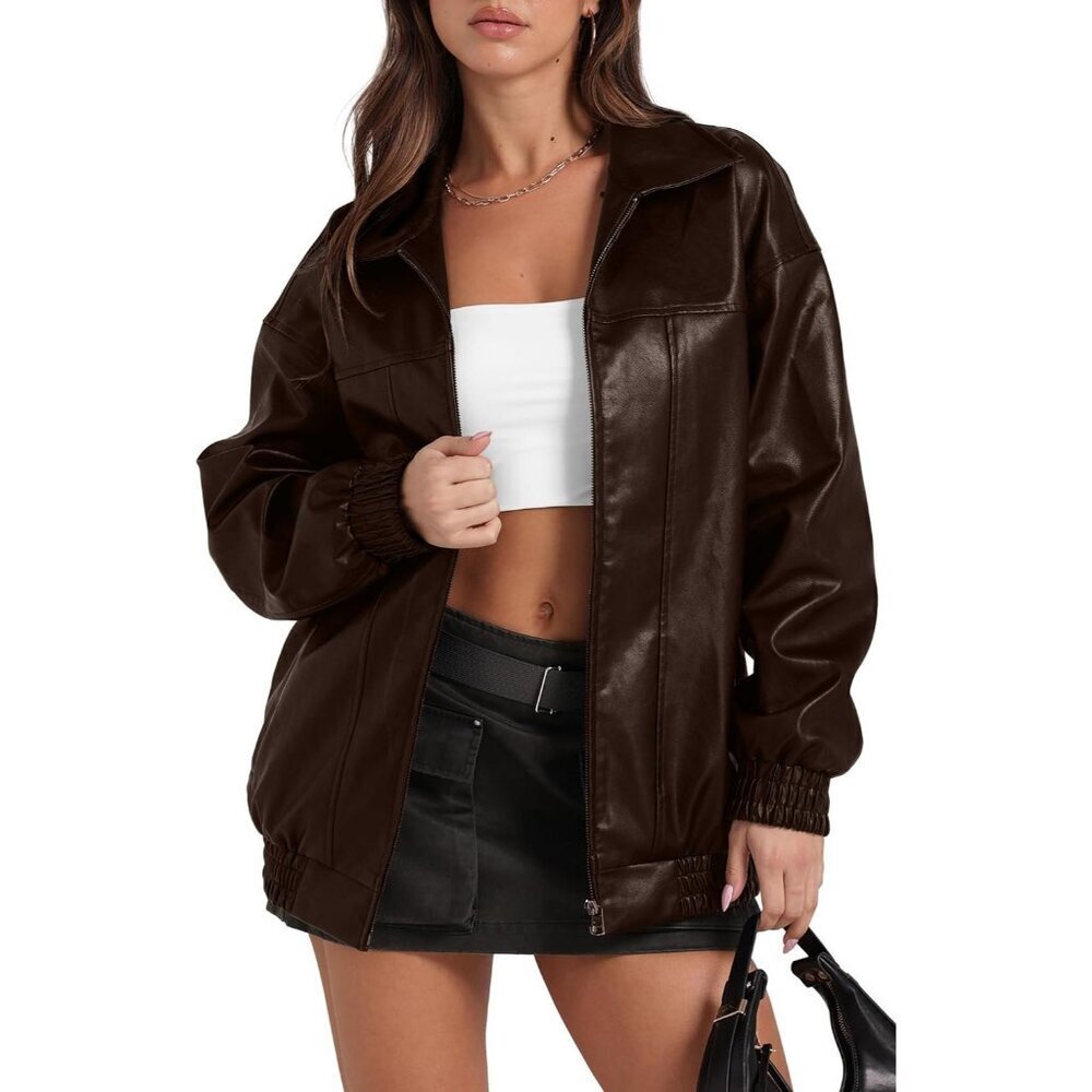 Women Faux Leather Jacket Oversized Dark A-Brown Bomber Coat Fall Winter Outfits